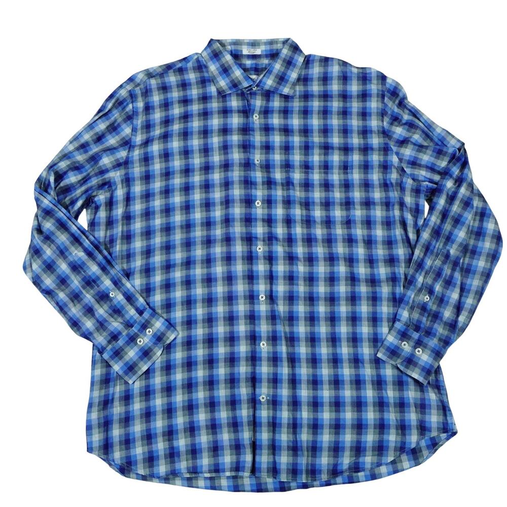 Peter Millar Blue Plaid Check Button Up Long Sleeve Business Casual Shirt XL